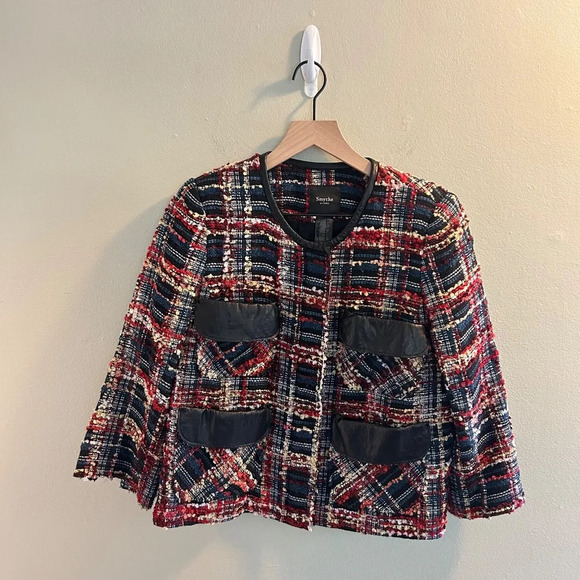 Smythe Boucle Leather-Detail Jacket Womens Size 6 Plaid Blazer Navy Career - Picture 4 of 10